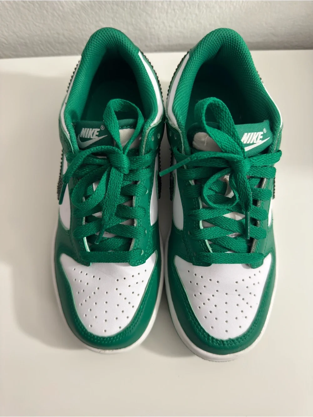 Kids Green & White Sneakers with Sparkle Swoosh Nike Dunks